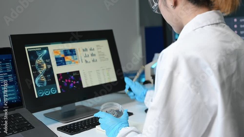 Female scientist examines a petri dish and analyzes DNA sequencing data on a monitor