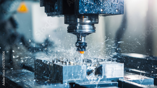 CNC milling machine cuts metal block in a modern manufacturing environment