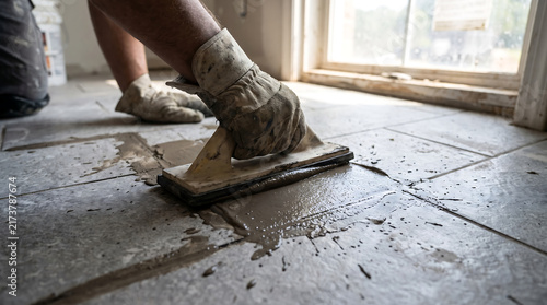 Professional Construction Worker Using Rubber Float Tool Applying Grout Between Ceramic Floor Tiles During Home Interior Renovation and Remodeling Project