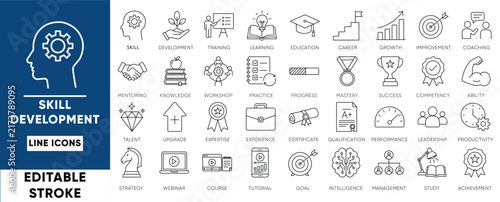 Skill development, education, and professional training premium vector line icon set with editable strokes. Ideal for e-learning platforms, career growth, and corporate coaching UI/UX designs.