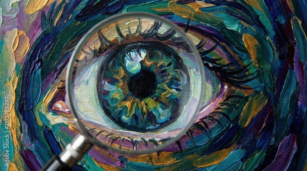 Fototapeta premium Abstract eye painting viewed through magnifying glass lens.
