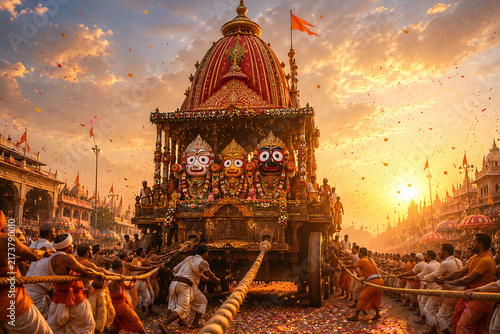 Grand Jagannath Rath Yatra Festival Chariot Pulled by Hundreds of Devotees Covered in Showering Flower Petals During Warm Golden Sunset Sky