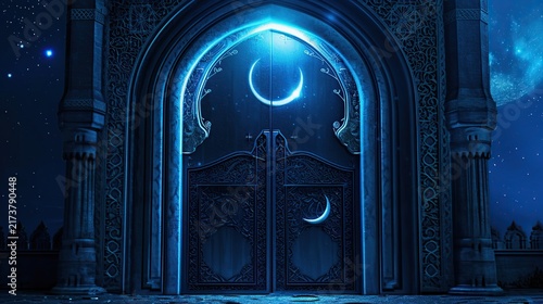 A luminous blue arched doorway with crescent moon and ornate ancient architecture at night