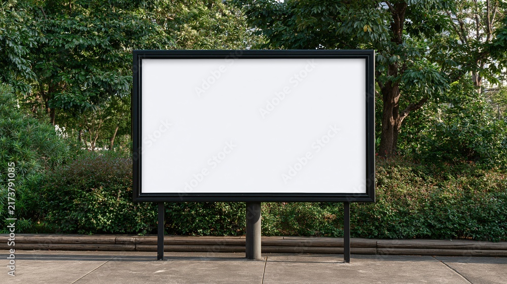 Fototapeta premium Blank billboard standing in park with green trees