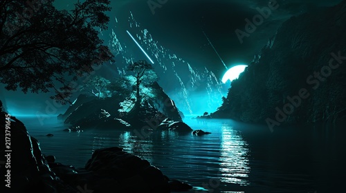 A Neon-Tinted Coastal Landscape Under A Glowing Celestial Arc At Night