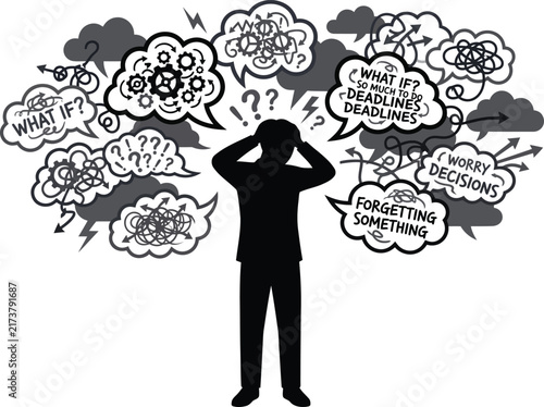 Stressed person holding head surrounded by chaotic thought bubbles depicting confusion, anxiety and heavy work pressure