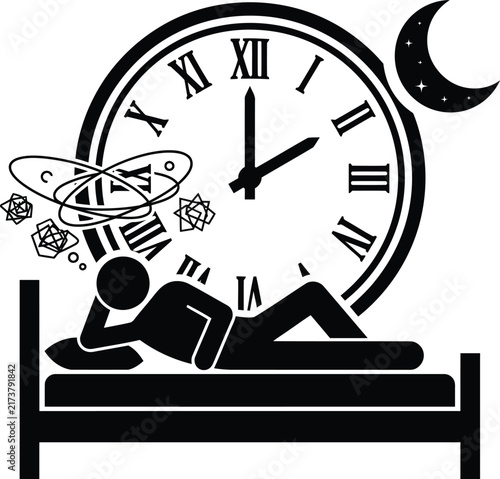 Insomniac figure lying awake in bed under a large analog clock during late night hours