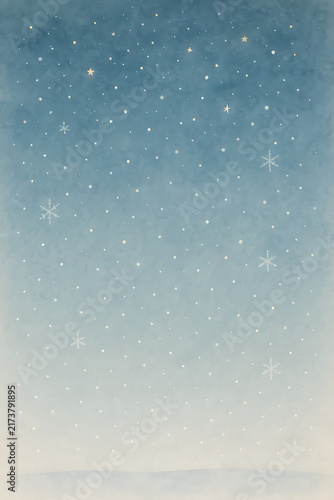 Peaceful winter night sky with falling snow and shining stars in vintage watercolor style. generated by AI.