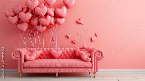 A Romantic Pink Living Room Scene with Heart-Shaped Balloons and a Plush Tufted Sofa