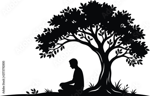 Meditating man sitting calmly in lotus position under a large sprawling black tree graphic illustration