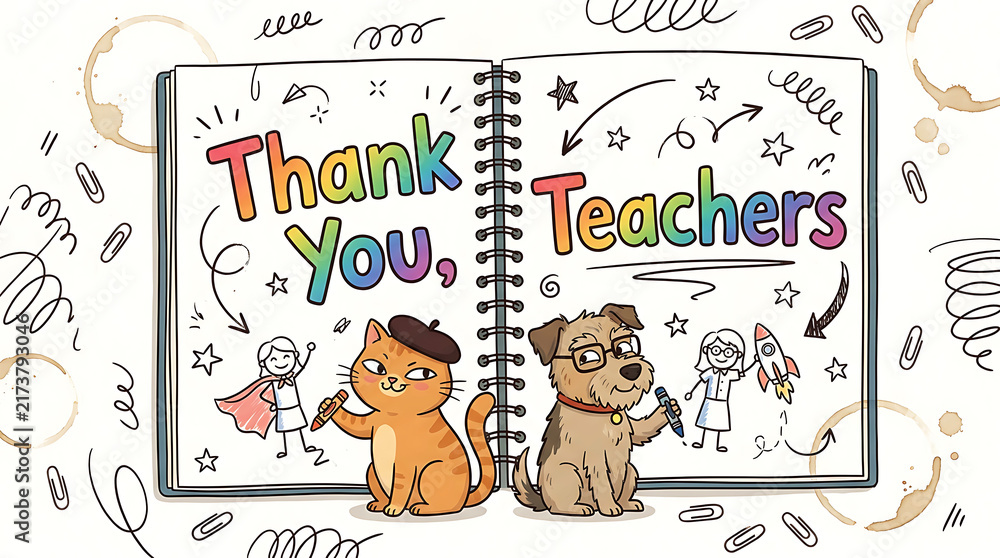 Fototapeta premium Thank you, teachers, artists, cat, and dog drawings in a sketchbook for a teacher appreciation greeting banner background.
