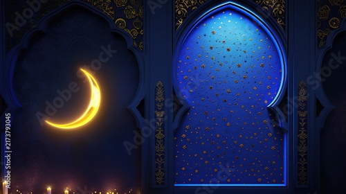 A Serene Night Scene Inside a Blue Islamic Archway with Crescent Moon and Candles