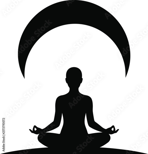 Meditating person sitting in lotus position under a large crescent moon shaped celestial graphic element