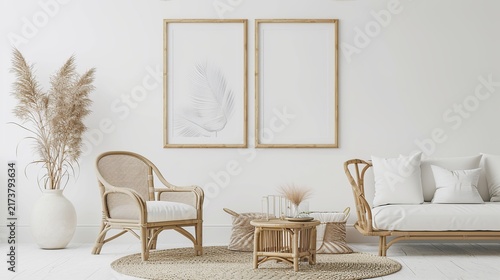 A serene, sunlit, minimalist living room featuring wicker seating and natural decor