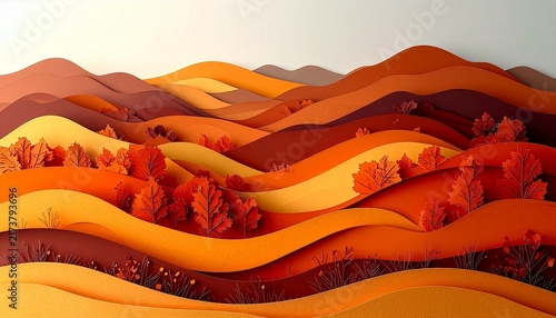 Autumn mountain landscape background with fall leaves paper cut layer style
