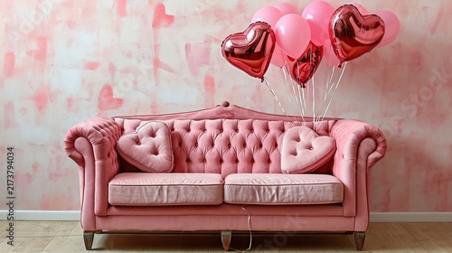 A Soft Pink Tufted Chesterfield Sofa Ensemble Set Against a Pastel Pink Wall with Romantic Heart Balloons