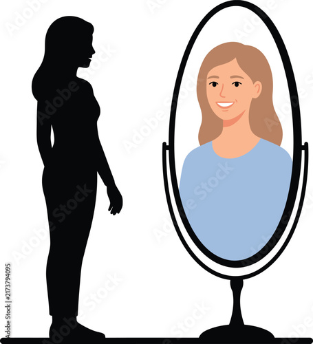 Black silhouette woman looks into a tall oval mirror seeing her colorful reflection smiling back happily