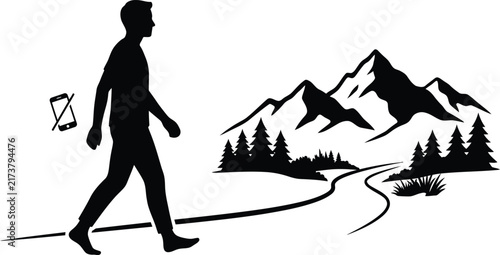 Walking silhouette man disconnects from digital devices to embrace peaceful nature scenery in minimalist graphic style