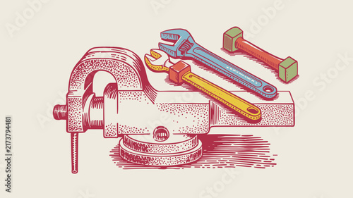Foto Bench vise with various wrenches and tools for mechanical repair and metalworkin