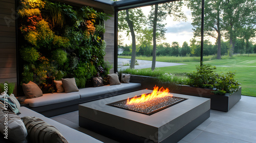 Cozy outdoor living space with modern firepit and lush garden view at dusk