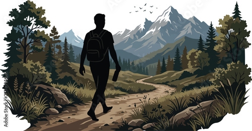 Dark silhouette of an adventurous hiker wearing a backpack walks along a scenic rugged mountain trail