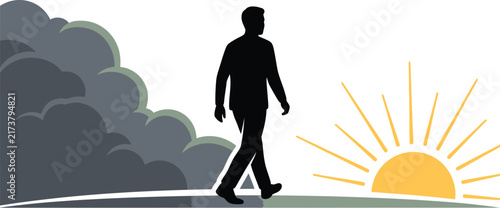 Silhouette of a walking man moving from dark storm clouds toward a bright golden sunrise glow