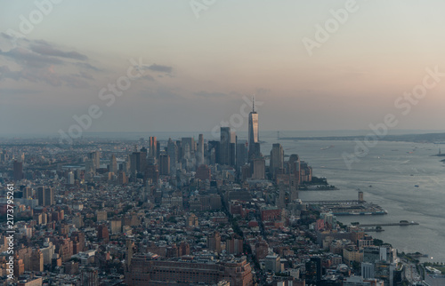 Beautiful panoramic aerial Manhattan, Jersey City, and Hudson River at sunset, New York City