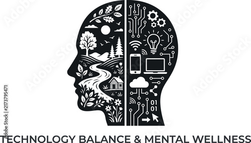 Human head profile split between natural landscape scenery and modern digital technology icons, black white style