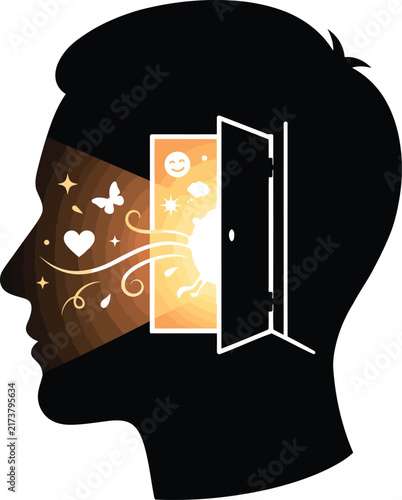 Human head silhouette featuring an open doorway revealing glowing creative ideas and positive mental energy concepts