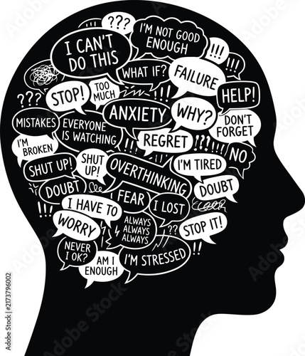 Black silhouette profile head filled with chaotic thought bubbles expressing deep mental struggle and anxiety issues