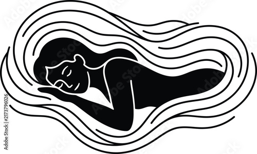 Sleeping woman silhouette depicted with flowing abstract black line art on a clean white backdrop