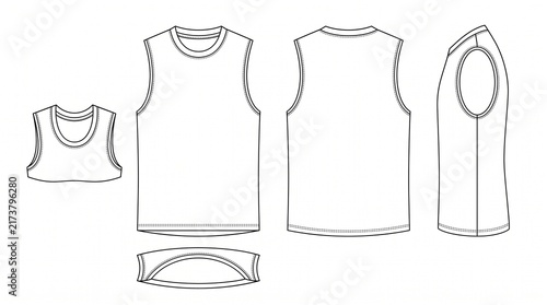 Men's Sleeveless Tank Top Technical Sketch - Front Back Side and Cropped Views for Apparel Design Mockup