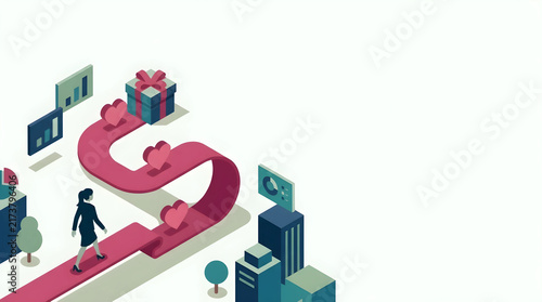 Berry Pink Ribbon Path with Winding steps, Walking Businessman Silhouette, Gift Box Goal, Strategic Roadmap Flat Vector, Text Space on Bottom Left

