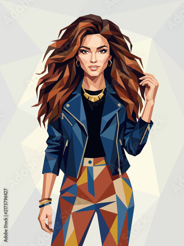 Woman wearing a stylish blue leather jacket and geometric patterned trousers stands confidently in a modern urban setting that reflects current fashion trends and youthful energy.