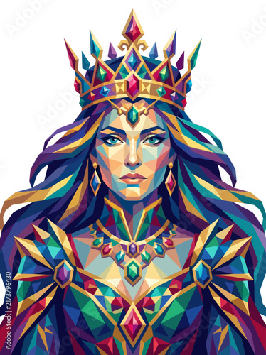 Queen portrait features a majestic woman wearing a jeweled crown and colorful royal attire in a stylized low poly design.