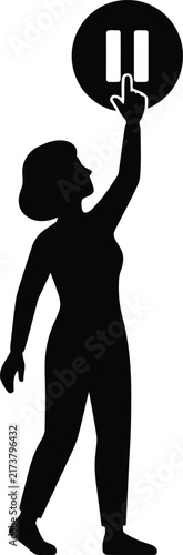 Elegant female silhouette reaches upward to touch a circular black pause button icon with ease