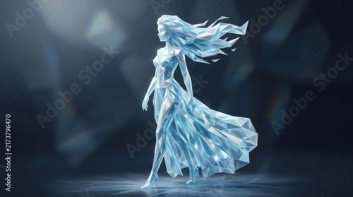 Goddess figure stands elegantly in a full body pose crafted from translucent ice crystals and shimmering blue light fragments.