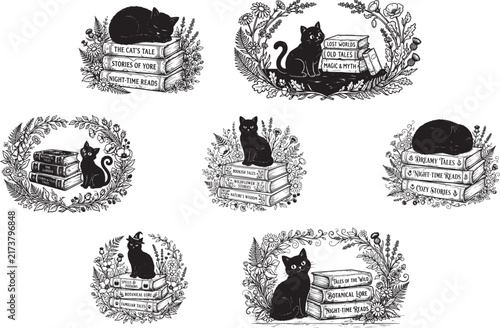Wildflower Black Cat Book Stack SVG