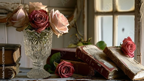A Vintage Still-Life Scene Featuring Pink Roses in a Crystal Vase Beside Aged Books on a Wooden Table