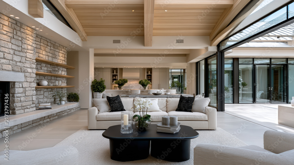 Obraz premium Bright modern living room with neutral color palette, stone fireplace, wood ceiling, large windows, luxury decor, and open space design