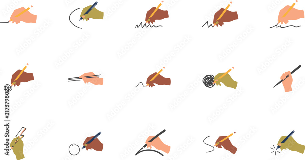 Obraz premium Creative Hands Writing and Drawing Icon Set Featuring Human Hands Holding Pencils and Pens Sketching Lines Circles Scribbles and Chopsticks Symbols