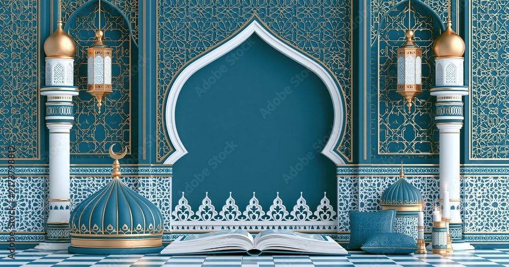 Naklejka premium Ornate mosque interior with open book and prayer