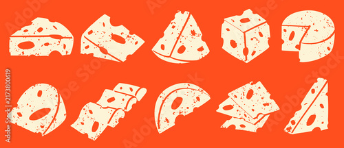 Vector illustration set of cream textured cheese blocks, wedges, slices, and wheels with holes isolated on bright orange background. Vintage grunge style dairy food icon collection.