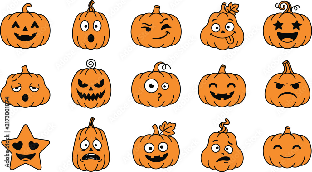 Fototapeta premium Halloween pumpkin emoji set, 15 orange jack-o-lantern icons with funny faces, spooky cartoon pumpkin characters for autumn holiday decor