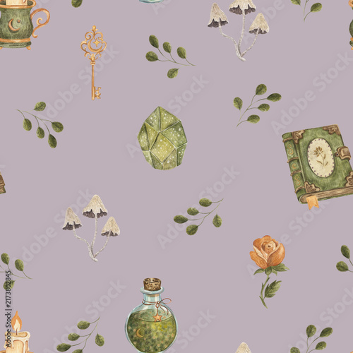 Fotografie Watercolor witchy seamless pattern with magic book, crystal, potion and botanica