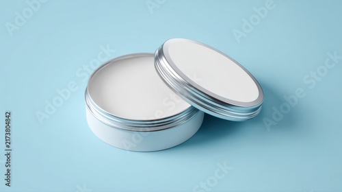 Open White Cream Jar with Silver Rim on Light Blue Background container cosmetic