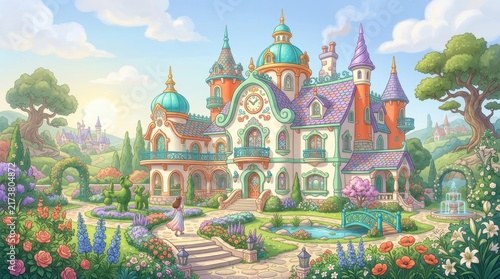 Whimsical fairytale castle with vibrant gardens and a sunny sky