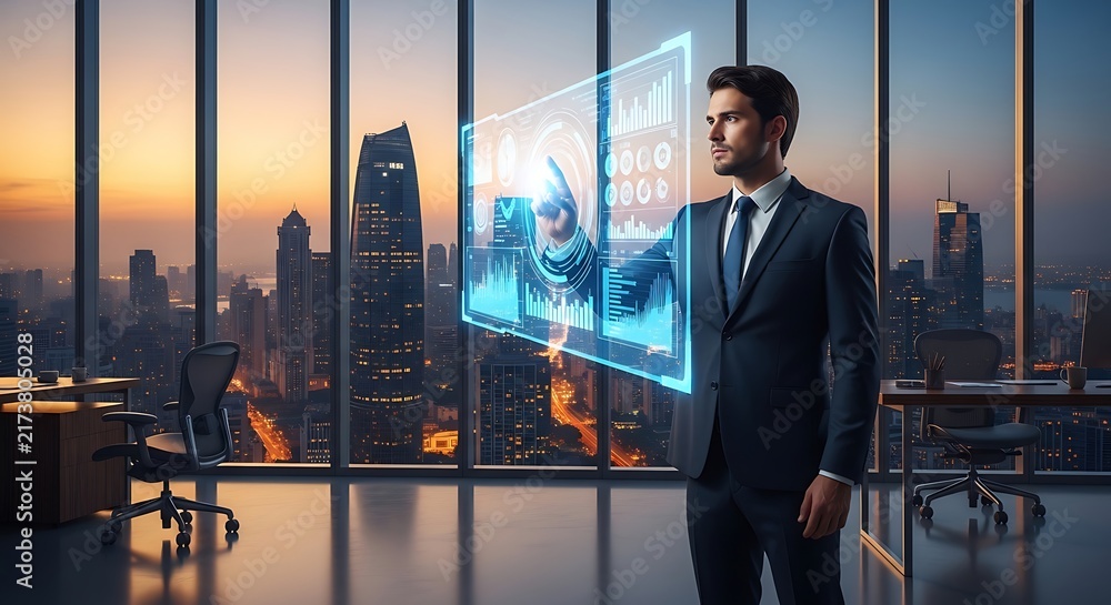 Fototapeta premium Businessman interacting with holographic data display in modern office at sunset