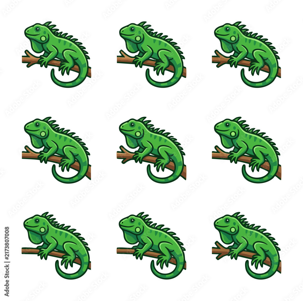 Obraz premium Nine green iguanas perched on tree branches repeating pattern