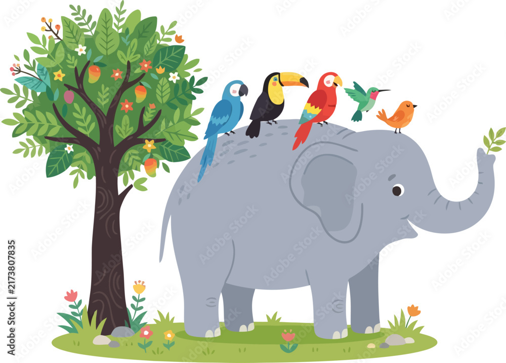Naklejka premium A friendly gray elephant carrying a group of colorful tropical birds on its back.